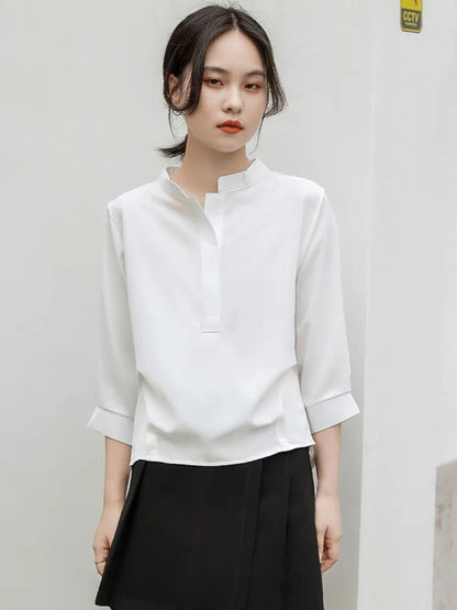 vmtvr White Women Chiffon Shirts Loose Half Sleeve Korean Office Ladies Summer Blouse Fashion Stand Collar Designed Female Tops