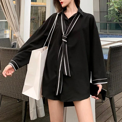 vmtvr Dark Academic Women Chiffon Shirts Korean Fashion Nine Quarter Sleeve Loose Tops Summer Streetwear Female Y2K Black Blouse