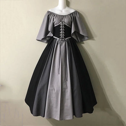 vmtvr  -  Women's Gothic Midi Dress Medieval Retro Contrast Color Splicing Flying Sleeves Lace-Up Waist Swing Skirt Cocktail Party Dresses