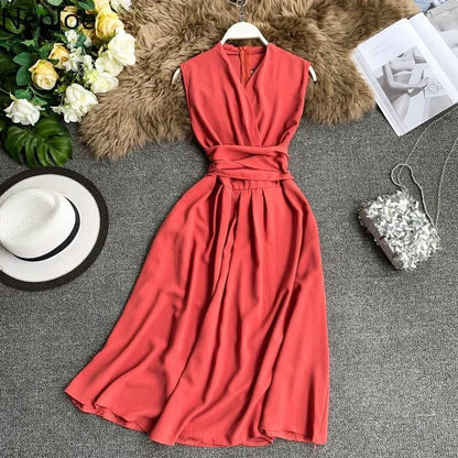 vmtvr  -  Sexy Dress Women Summer New Arival V-Neck Sleeveless Dresses French Chic  Cross Drawstring Slim Waist Vestidos