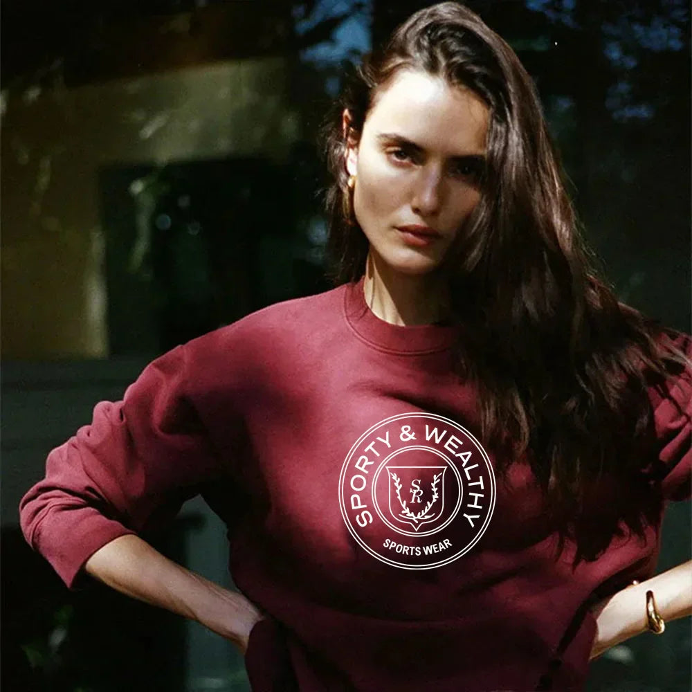 -Retro sports style outfit streetwear 90s fashion American Vintage Style Letters Printing Wine Red Thick Sweatshirts Crewneck Casual Cotton Autumn Pullovers Aesthetic Sweaters