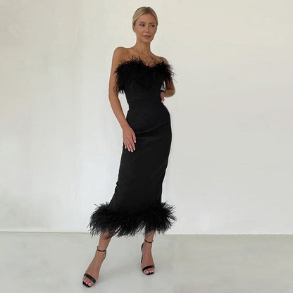 vmtvr Fall Winter Party Dresses For Women Strapless Feather Evening Dresses Elegant Formal Party Dresses For Women Sexy Corset Bodycon Midi Dress White Black