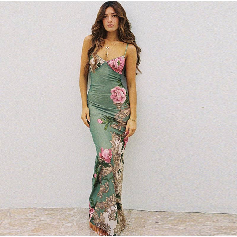 Sleeveless Floral Print Suspender Dress Women Fashion V-neck Slim Maxi Dresses  Summer Chic Female Beach Party Club Robe