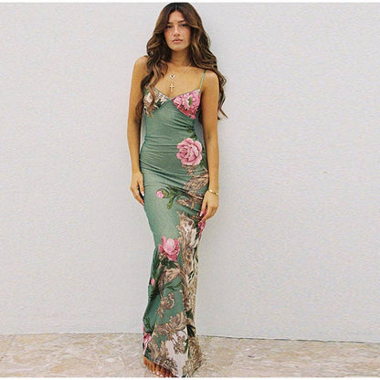 Sleeveless Floral Print Suspender Dress Women Fashion V-neck Slim Maxi Dresses  Summer Chic Female Beach Party Club Robe