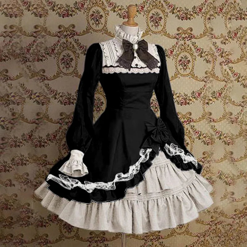 vmtvr  -  Japanese Style  Women Gothic Cosplay Dresses High Waist Contrast-Color Ruffled Sweet Lolita Dress Kawaii Clothing