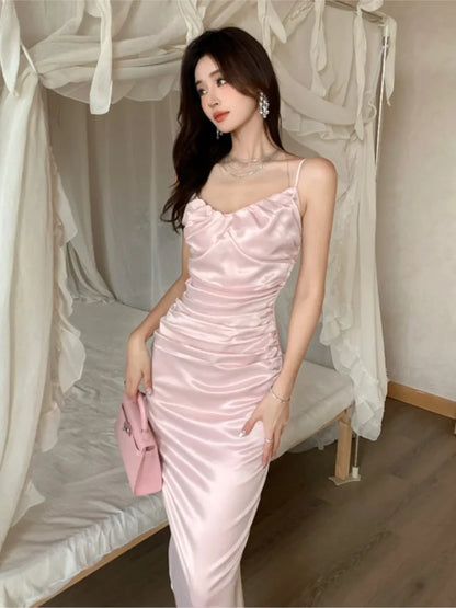 vmtvr Sexy Bodycon Pink Satin Midi Dress Women New Summer Spaghetti Strap Slim Backless High Split Evening Party Dresses Prom Vestido