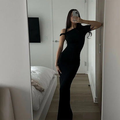 vmtvr Black Long Dress Women Sexy Off Shoulder Short Sleeve Bodycon Party Dresses Summer Elegant Fashion One-shoulder Maxi Dress 2024