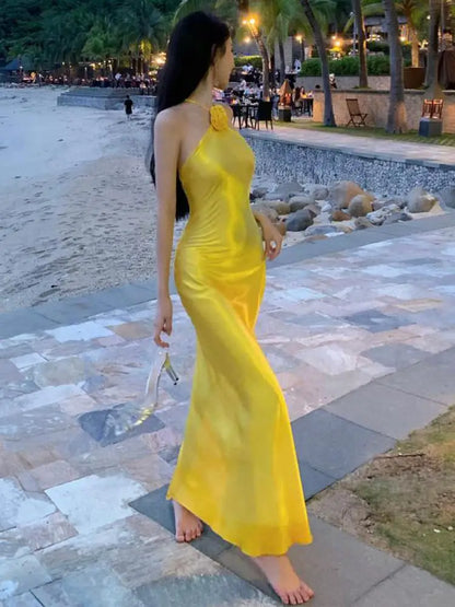 vmtvr Summer New Elegant Vintage Yellow Halter Long Dress For Women Birthday Party Backless Split Sundress Robe Clothing Vestidos