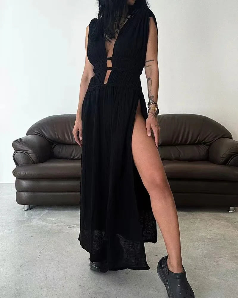 vmtvr 2024 Deep V-Neck Sexy Bohemian Party Dress Women Summer Loungewear Sleeveless Maxi Dress Hollow Out Solid Ladies Dress Vestidos