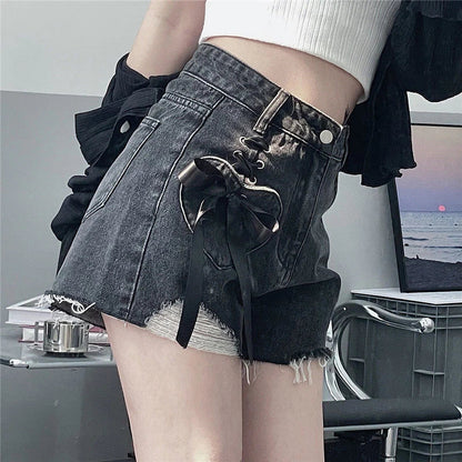 vmtvr High Waist Women Denim Shorts Summer Fashion Bow Loose Shorts Korean Casual Female Streetwear All Match Ripped Pants