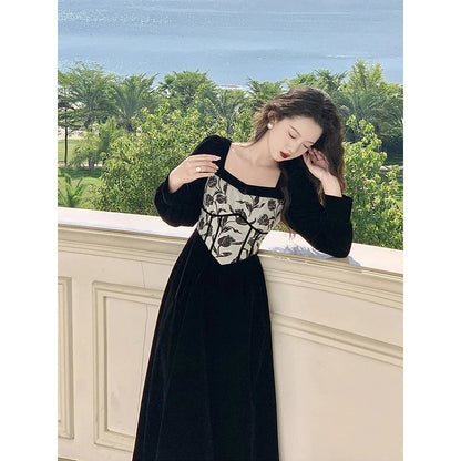 vmtvr  -  Elegant Women Dress Velvet New French Vintage Party Evening Dress Office Ladies Casual Long Sleeve Y2K Black Female Clothing