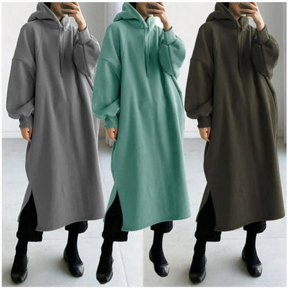 vmtvr Thicken Autumn Winter Women Oversized Hoodie Long Dress Solid Fashion Long Sleeve Female Clothing Split Casual Loose New Dresses