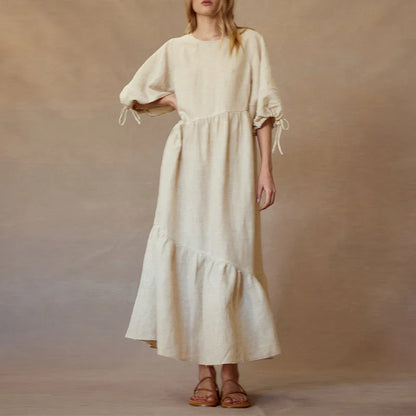 vmtvr Newly French Vintage Elegant Cotton Linen Lantern Sleeve Women Dresses 2023 Summer Casual Solid Tie Loose Maxi Female Dress