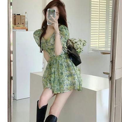 vmtvr Summer High Waist Dress Women Korean Fashion Floral Casual Mini Dresses Y2K Female Elegant Puff Sleeve A Line Dress