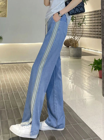 vmtvr Harajuku Striped Slit Wide Leg Denim Pants Women Summer Thin High Waist Baggy Jeans Fashion Lace Up Female Casual Trousers