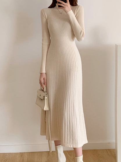 vmtvr - Autumn Winter Slim Long Sleeve Party Midi Dress for Women Knitted Half High Collar Elegant Knitted Sweater Dresses Ladies