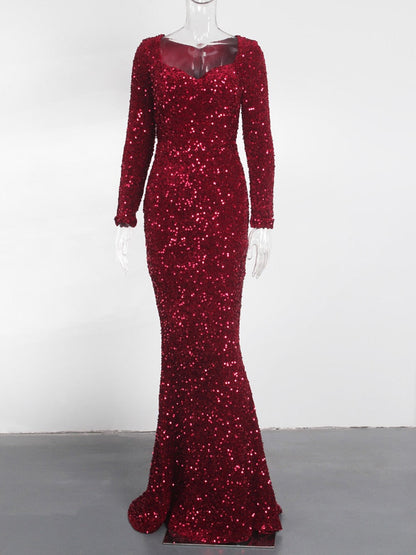 Luxury Black Long Sleeve Evening Gown Sequin Stretchy Velvet V Neck Mermaid Prom Floor Length Dress Burgundy Winter