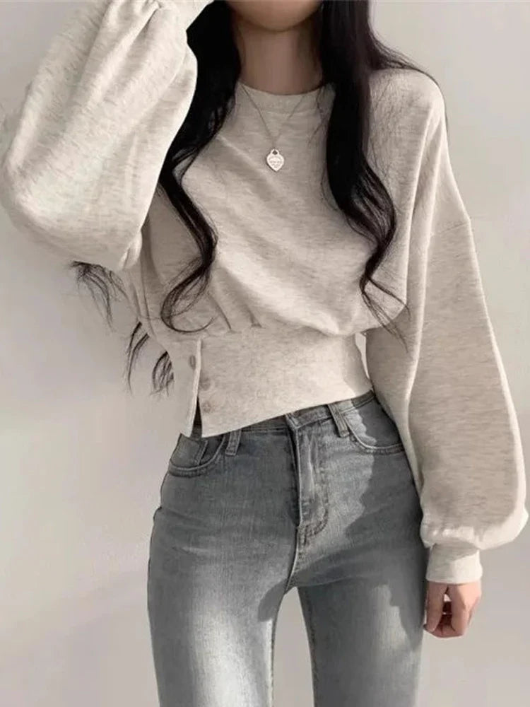 -Fall Outfits y2k Long Sleeve Top -Autumn Sweatshirt Women Harajuku Crop Long Sleeve Top Female Korean Chic Sporty Hoodies Ladies Vintage Casual Button Sweatshirts Streetwear