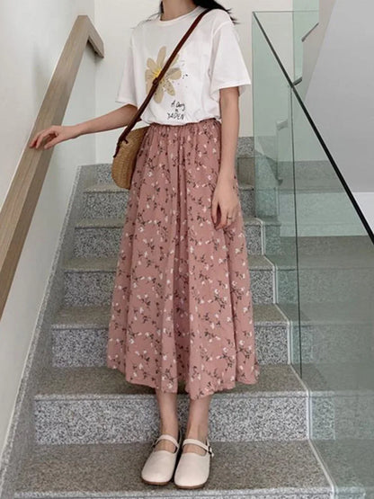 vmtvr Vintage Floral Print A-line Pleated Long Skirts Summer Women 2024 Korean Skirt Streetwear Drawstring Elastic Waist Midi Skirt