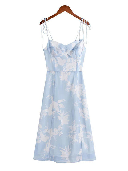 vmtvr Summer Camisole Blue Chiffon Dress Women Backless Floral Print Midi Dresses Bodycon