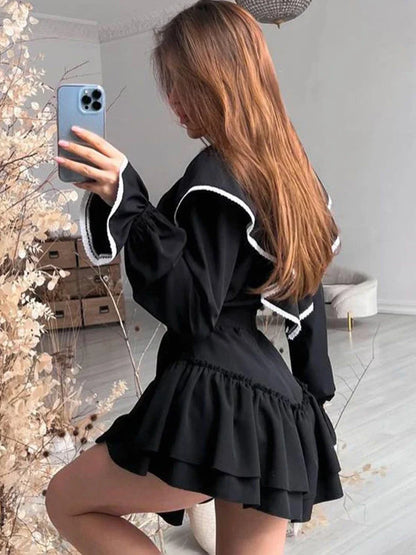 vmtvr Autumn Winter Women Elegant Sweet Mini Dress Solid Black Long Sleeve Ruffle Flare Dress Female