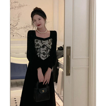 vmtvr  -  Elegant Women Dress Velvet New French Vintage Party Evening Dress Office Ladies Casual Long Sleeve Y2K Black Female Clothing