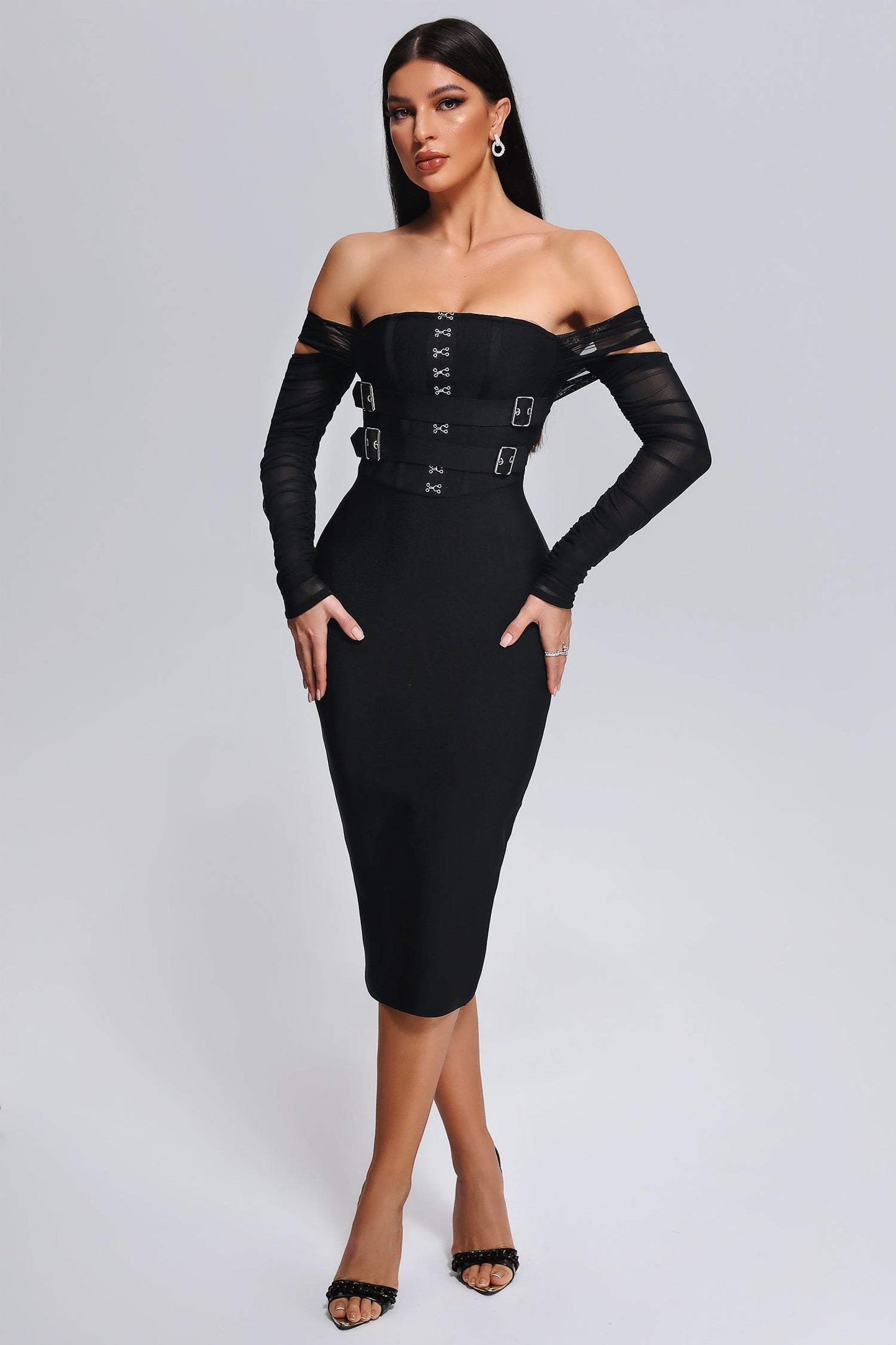 vmtvr -  New Black Color Women Mesh Long Sleeve Sexy Off the Shoulder Bodycon Mid-calf Dress Bandage Elegant Evening Party Dress