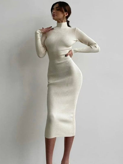 vmtvr - Fashion High-neck Bodycon White Knitted Midi Dresses Women  Autumn Winter Sexy Solid Color High Street Woolen Warm Dress