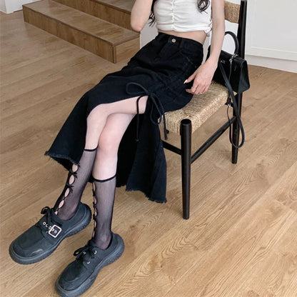 vmtvr Y2K High Waist Women Jeans Skirts Korean Fashion Bandage Female Tassel Midi Skirts Summer Casual Streetwear A Line Skirts