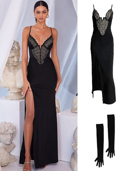 Maxi Bodycon Dress Sexy Black Long Evening Wedding Guest Party Dresses Black Lace Deep V Neck  Summer Dresses for Women