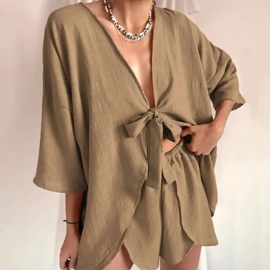 vmtvr Simple Casual Solid Women's Two Piece Sets Fashion Loose Homewear Outfit Summer Sexy Deep V Lace Up Top with Shorts Pajama Suits