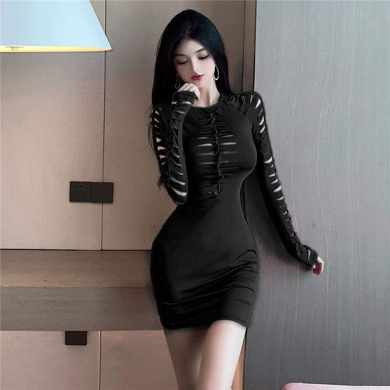 vmtvr - Hollow Out Long Sleeve Mini Dress Women O-neck Elastic Party Dresses Women Evening Tight Short Pencil Dress Female Bandage