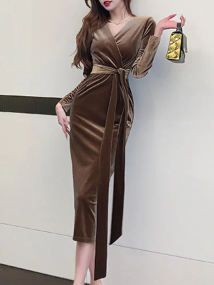 vmtvr Sexy Women Fashion Bodycon Elegant Velvet Dress Long Sleeve Casual Vintage Lace-up Party Dresses Female Autumn Clothes Robe