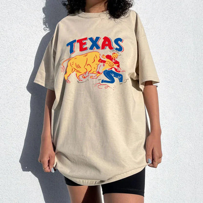 -Retro sports style outfit streetwear 90s fashion Texas Cowboy Printing Women Retro Style Khaki T Shirts Short Sleeve Loose Cotton Crewneck Tops Ins Fashion Western Graphic Tees