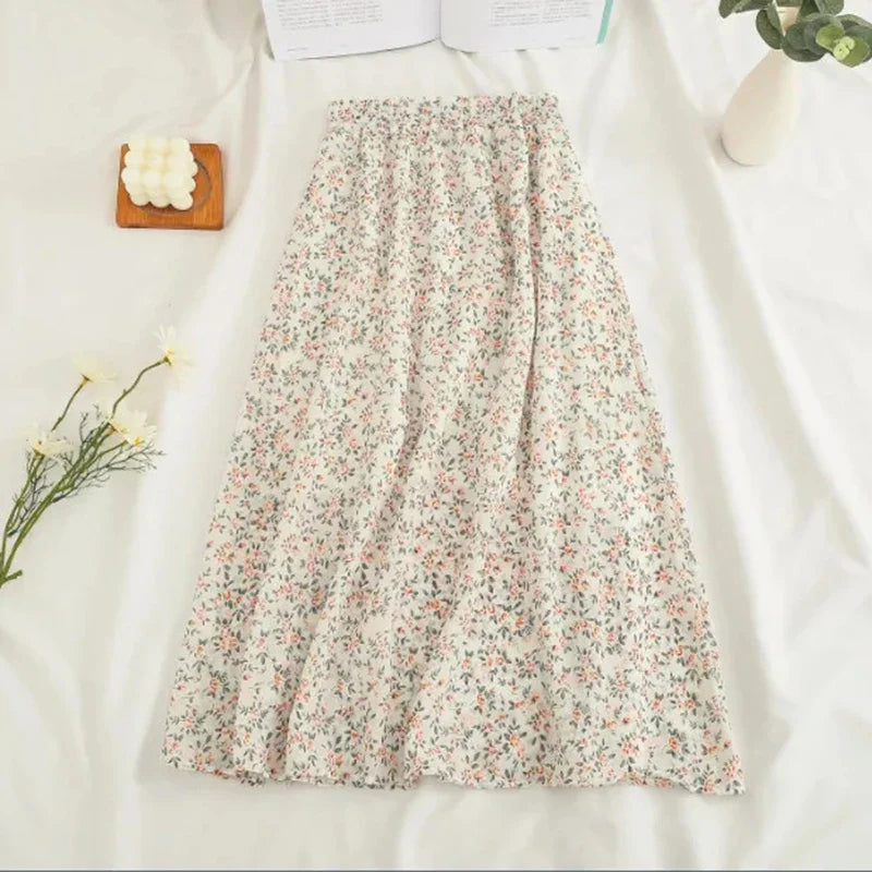 vmtvr Women Chiffon Midi Skirt Korean Fashion Floral Loose Skirts High Waist Female Casual All Match A Line Skirts Summer New