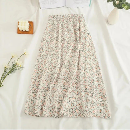 vmtvr Women Chiffon Midi Skirt Korean Fashion Floral Loose Skirts High Waist Female Casual All Match A Line Skirts Summer New