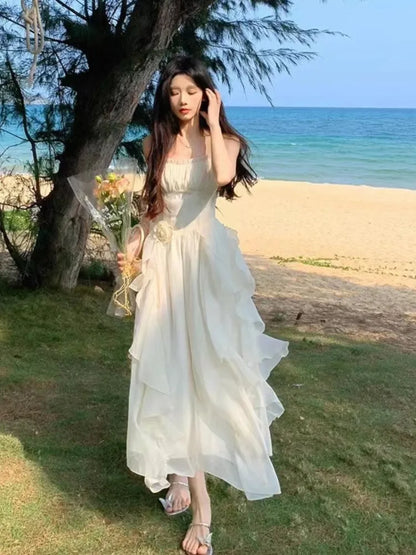 Elegant Irregular Ruffles Midi Dress Women New Summer Solid Spaghetti Strap Beach Vocation Korean Chic Female Casual Vestidos