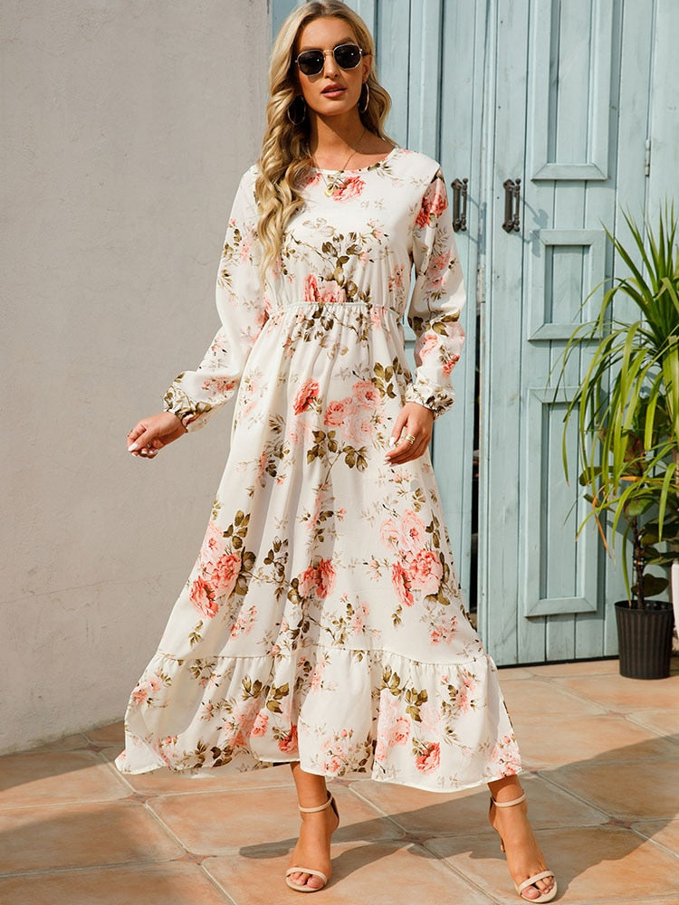 vmtvr - Elegant Floral Print Women Dress Spring Summer Casual O Neck Long Sleeve Chiffon A Line Long Maxi Dress Party Vestidos