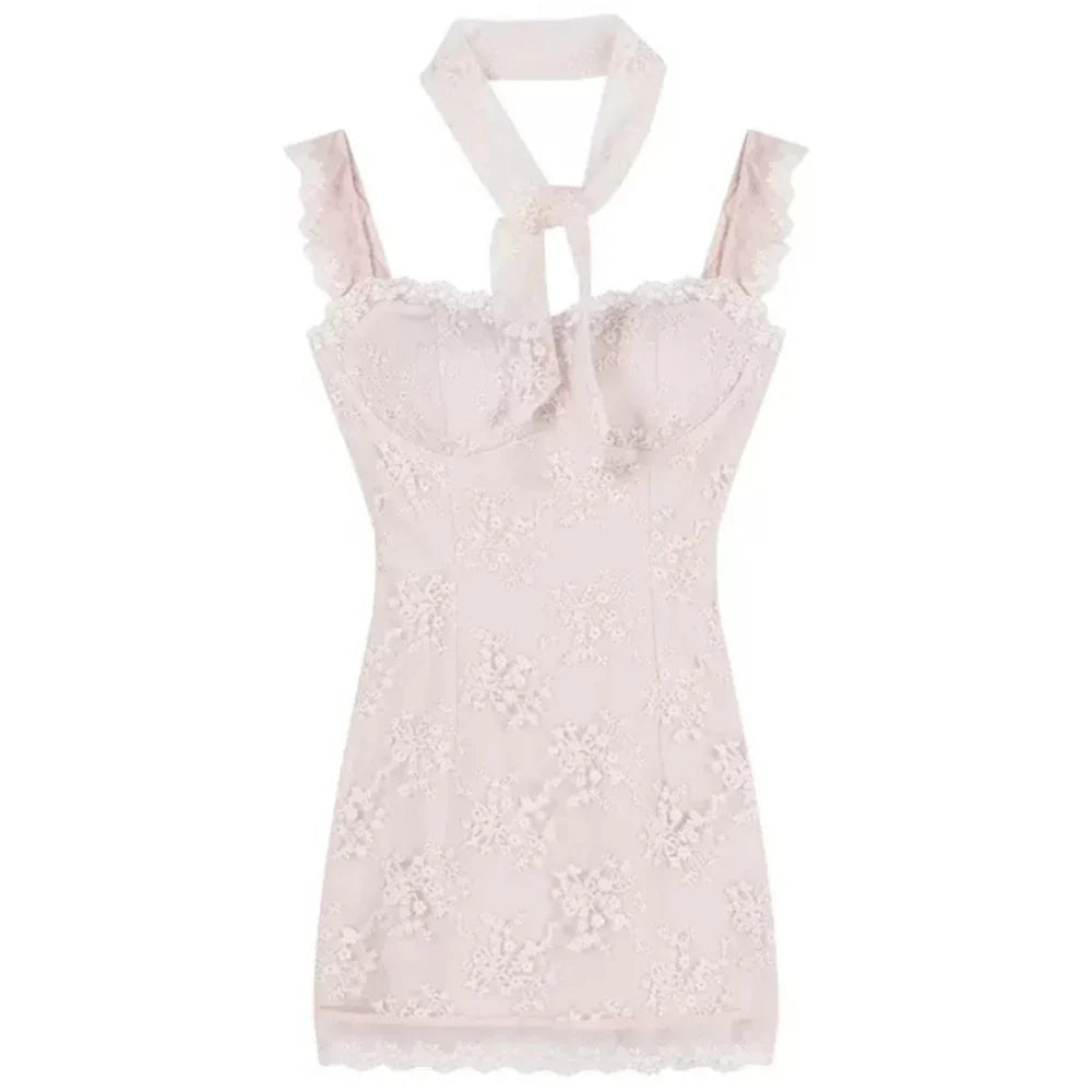 vmtvr  -  Dresses New in Summer Dress Lace Stitching Slim Small Fly Sleeve Slip Dress Women's Summer Pink Sweet Babes dress Waist Skir