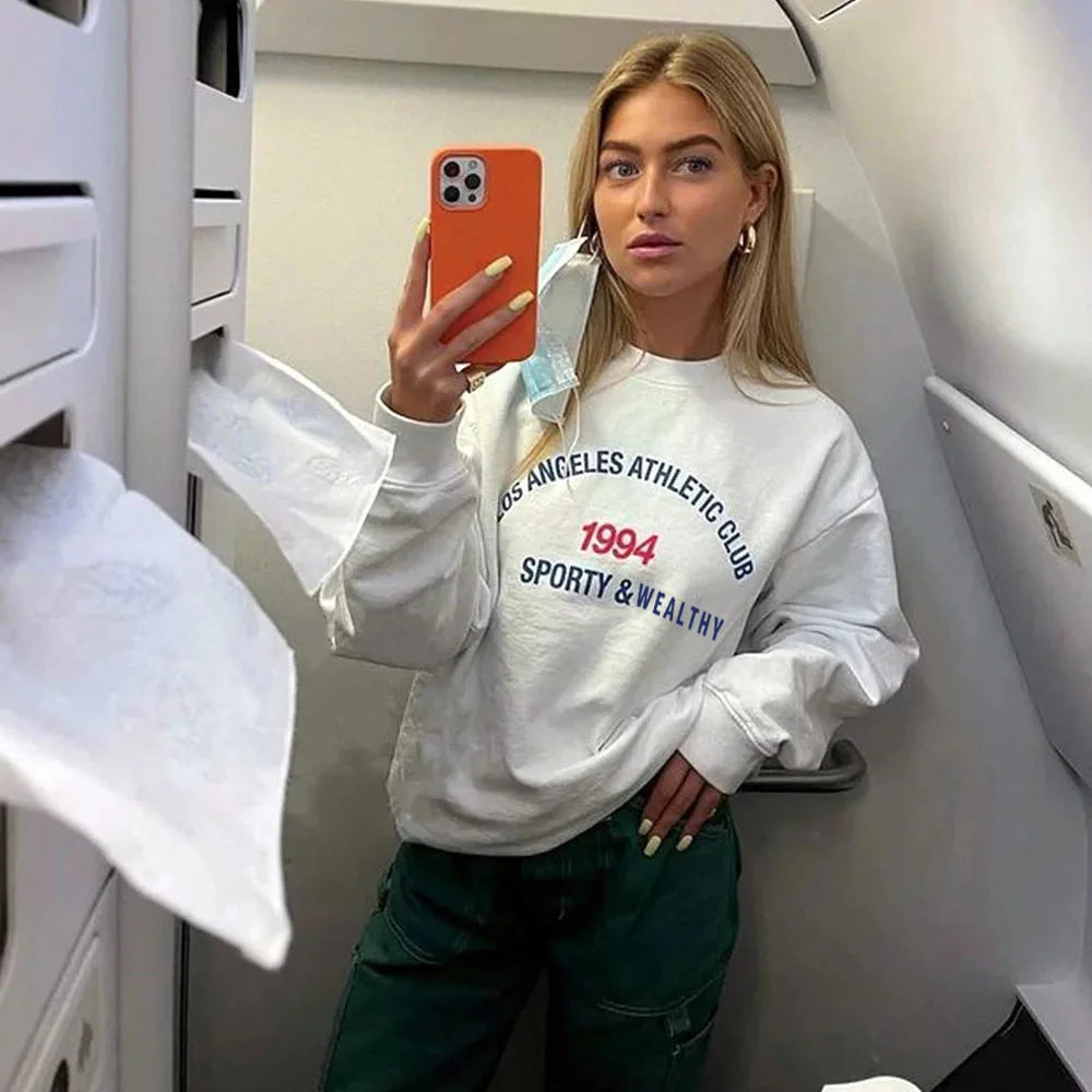 -Retro sports style outfit streetwear 90s fashion Los Angeles Athletic Club Women Vintage Graphic Sweatshirts White Loose Cotton Autumn Thick Pullover Crewneck Vintage Jumpers