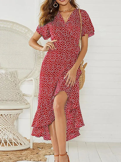 vmtvr Summer New Beach Dress Women Floral Print Boho Long Chiffon Dresses Ruffles Wrap Casual V-Neck Split Sexy Party Female Vestidos