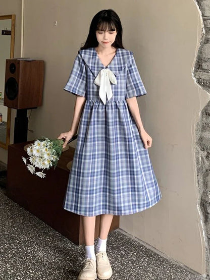 vmtvr Japan Sweet Sailor Collar Plaid Dress Women Fashion Preppy Style Cute Bow Short Sleeve Midi Dress Summer Lace Up Vestidos