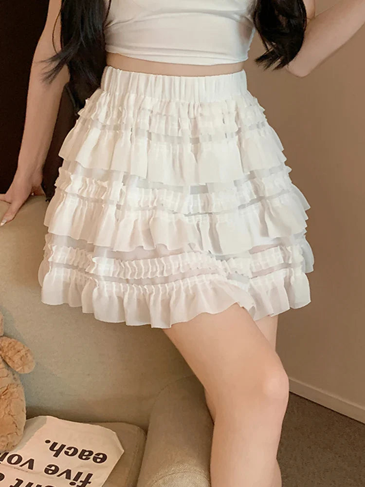 vmtvr Japan White Sweet Cake Mini Skirt Women Elegant Fashion High Waist Sexy Skirts Summer Preppy Style Female Dance Skirt New