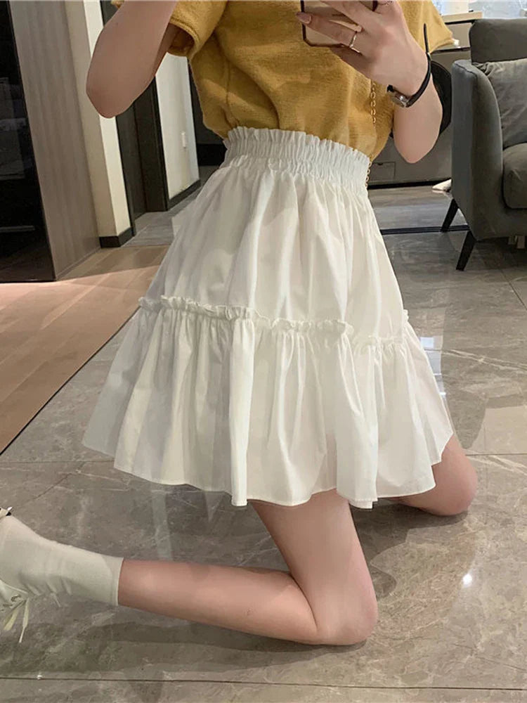 vmtvr Sweet Preppy Style White Mini Skirt Women Elegant Fashion High Waist A Line Skirt Korean All Match Loose Summer Skirt New