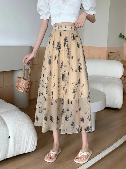 vmtvr Vintage Print Floral Women Skirts Elastic High Waist Elegant A Line Ladies Midi Skirts Summer Korean Casual White Skirt