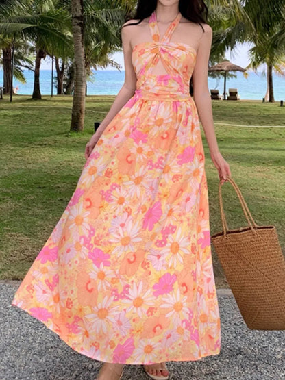 vmtvr Summer Elegant Casual Women Floral Dress Halter A-Line Beach Holiday Party Long Robe Female Vintage Boho Clothes Vestidos New