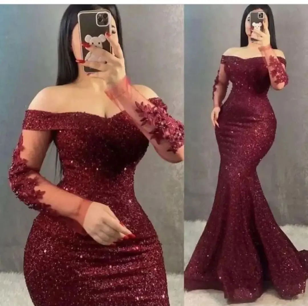 vmtvr - Glitter Burgundy Mermaid Evening Dresses Off the Shoulder Long Sleeves 3D Flowers Party Gowns Women Formal Prom Dress Plus Size