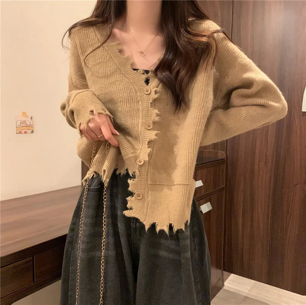 vmtvr French Style Sweater Cardigan Women Long Sleeve V-neck Frayed Sweaters Autumn Winter Cropped Kintted Cardigan Elegant Streetwear