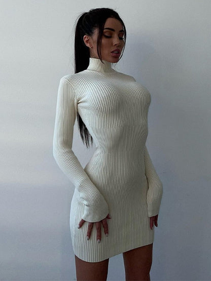 vmtvr - Fashion High-neck Bodycon White Knitted Midi Dresses Women 2022 Autumn Winter Sexy Solid Color High Street Woolen Warm Dress