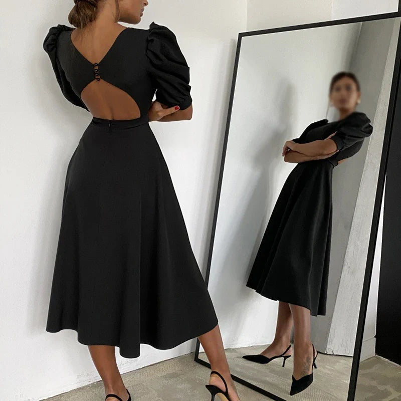 vmtvr Summer Luxury Round Neck Waist Women A-lien Dress Solid French Style Big Hem Long Dress Lady Puff Sleeved Commuter Party Dress